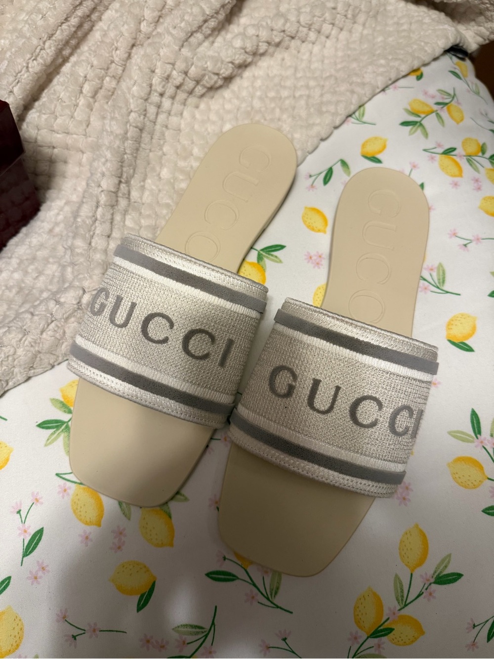 Gucci Cream and Gray Logo Canvas Slide Sandals